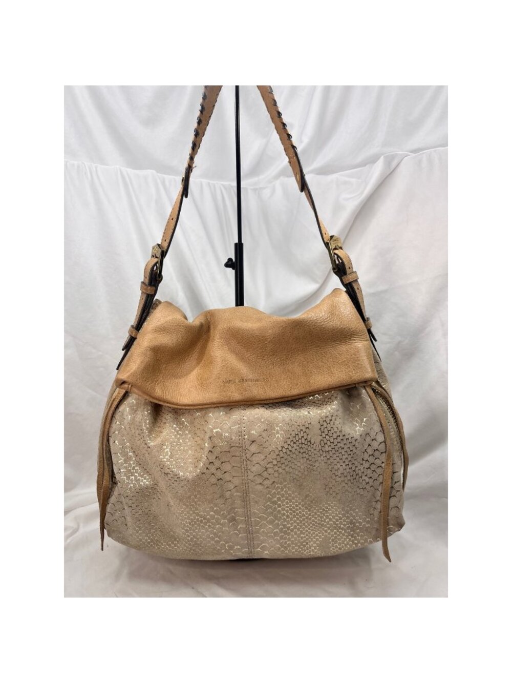 Aimee Kestenberg Leather Snake Print Foldover Shoulder Bag Taupe w/ dust bag